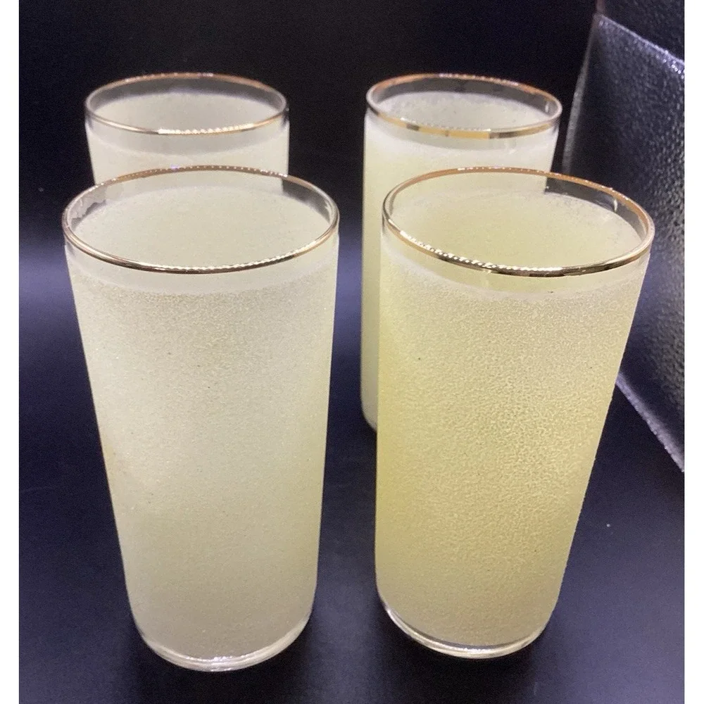 Set‎ Of 4 VTG Yellow Frosted Textured Highball Glasses W/ Gold Rim 5.5
